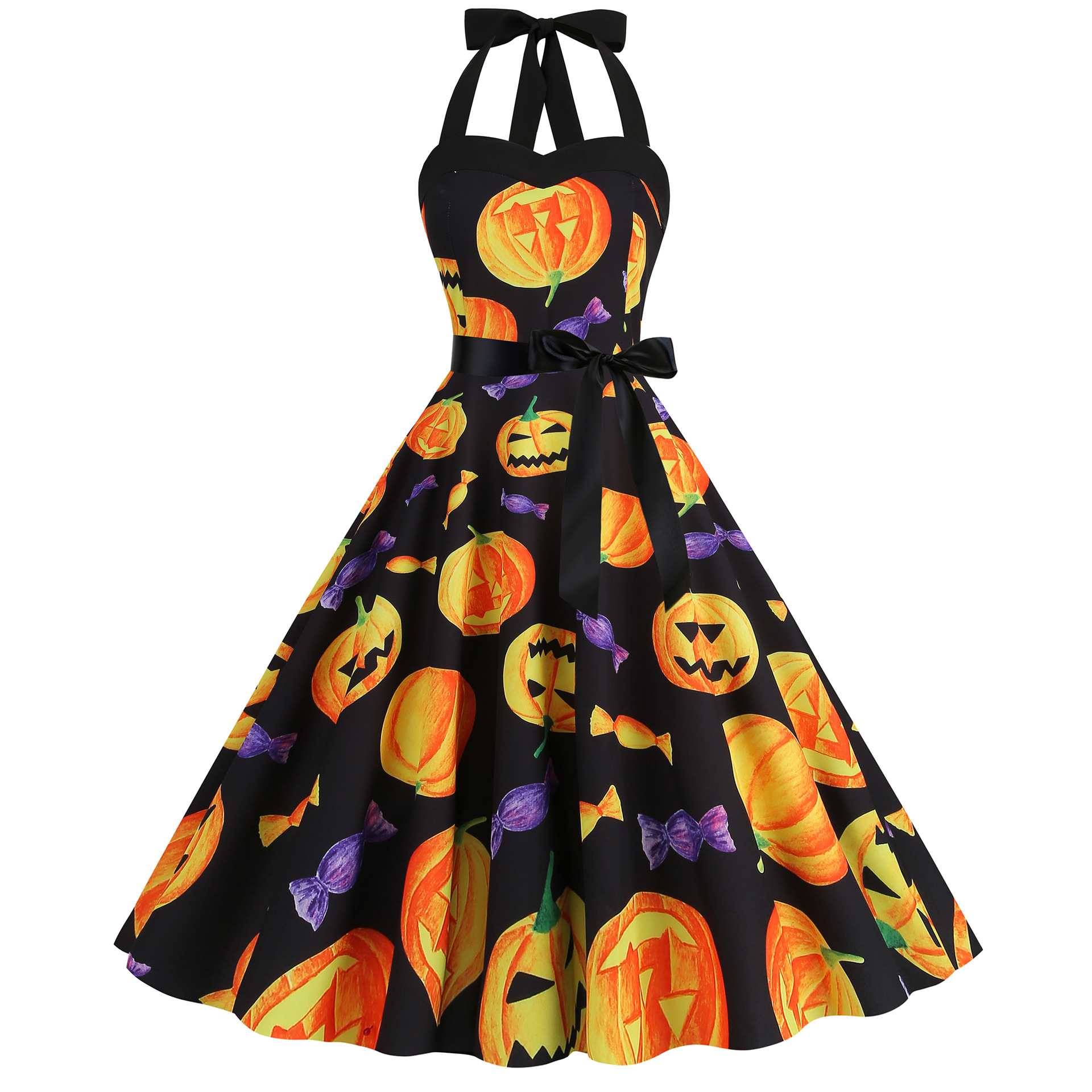 Women Sleeveless Halter Print Halloween Dresses Elegant Festival Party Costumes